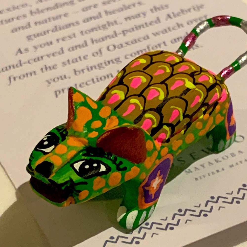 Handcrafted Alebrije Cat Figurine - Green and Orange, one of a kind,Oaxaca ♥️